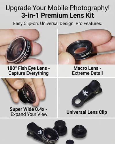 3-in-1 Premium Mobile Lens Kit (Macro, Fish Eye, Wide Angle) - Branded
