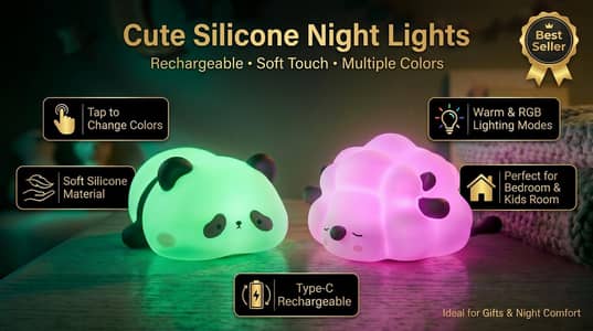 Cute Silicone Night Light Panda & Sheep – Rechargeable RGB LED Lamp