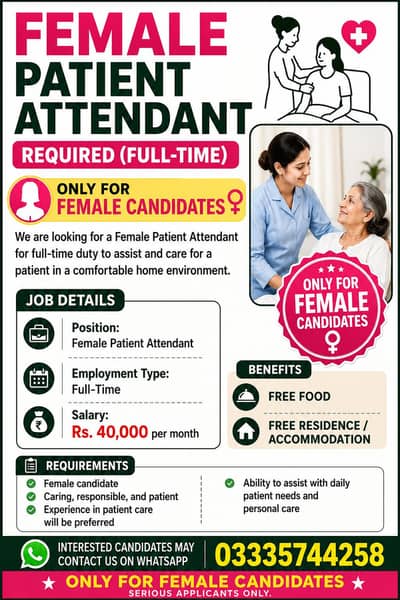 Female Patient Attendant Required Near Khanna Pul (Rahman Enclave)