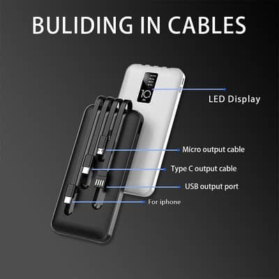 10,000mAh Power Bank with Built-in Cables