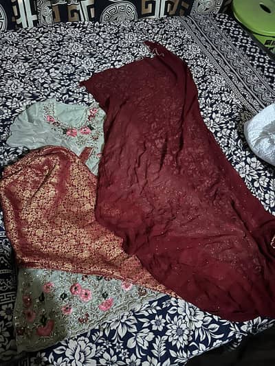 fancy embroidery with stone work dupatta and jamawar trouser 3 pice se
