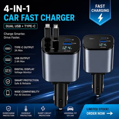 4-in-1 Fast Car Charger | USB + Type-C | Digital Display 