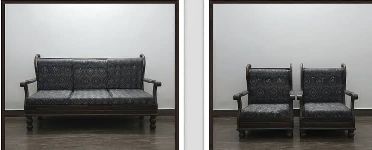 5 Seater Wooden Sofa Set – 3 Seater + 2 Single Chairs | Good Condition