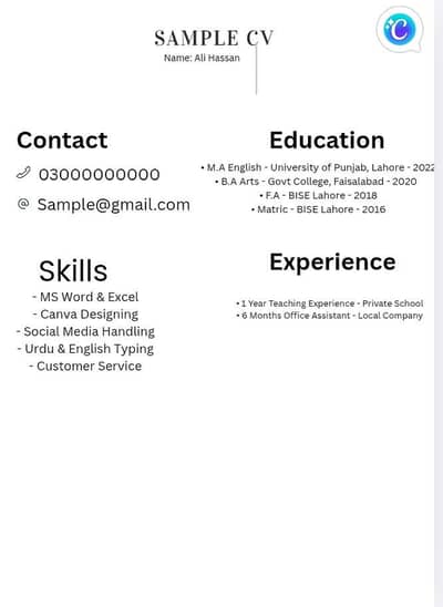 Professional CV resume bnwian - 1 din MN -Rs 300