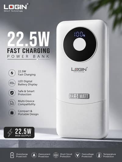 LOGIN 22.5W Fast Charging Power Bank with Digital Display – White