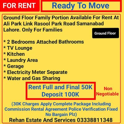 6Marla Ground Floor Family Portion For Rent At Link Rasool ParkLahore