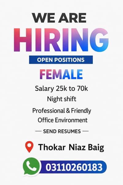 We are hiring  female staff on Thokar niaz baig