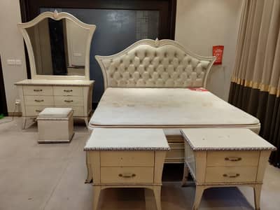 King Size premium bed with mattress,dressing table,side tables,stool