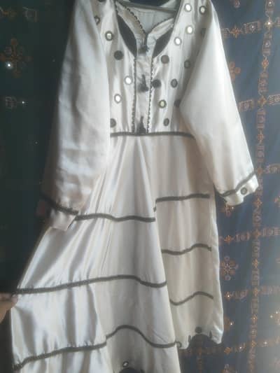 white silk mirror frock with black lace like new