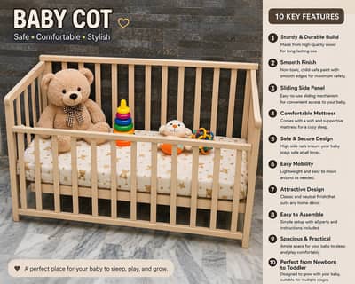 Stylish Wooden Baby Cot For Sale