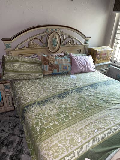 Wooden bed with side table and dressing table