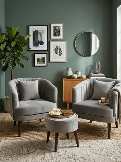 Elegant Grey Velvet Accent Chair Set with Ottoman – 2 Chairs + Table