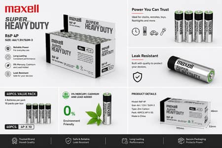 Maxell Super Heavy Duty AA Battery R6P 4P (Pack of 40pcs)