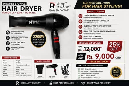 DING YE DY-998A Professional Hair Dryer 2200W, Hot & Cold Air, 25% off