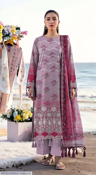 Premium 3-Piece Ladies Lawn Suit (Mauve/Plum Color)