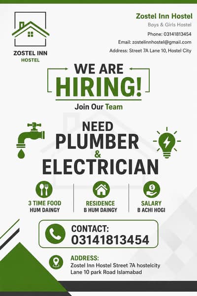 need plumber electrician for Hostel