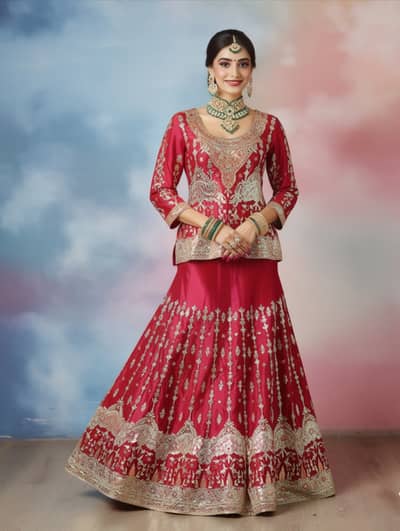  Deep Red Embroidered Kurti Lehenga Set 