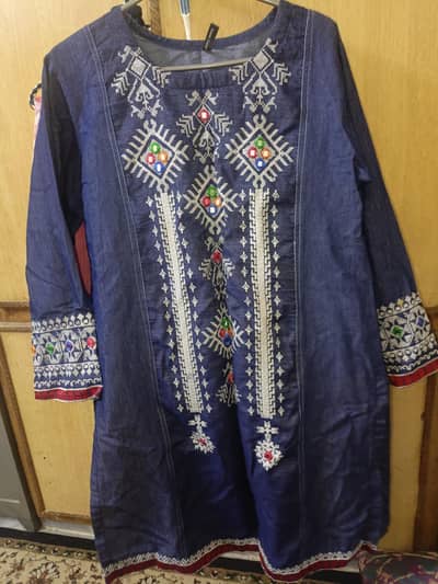 jeans kurti with beautiful white hand made embroidery