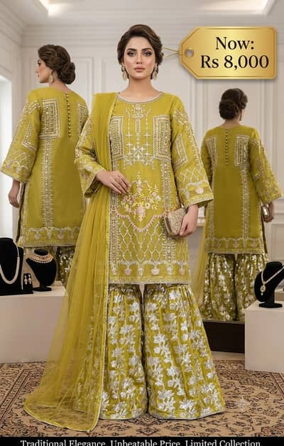 Fancy Wedding/Party Wear 3-Piece Suite – Olive/Mustard Green