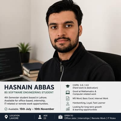BSSE student available for office, internship and remote work