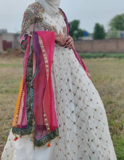 White Embroidery Maxi with colorfull dupatta- wedding and party wear