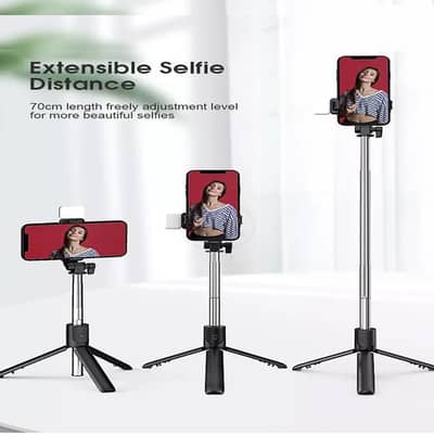 Foldable selfie stick with LED light and Bluetooth remote