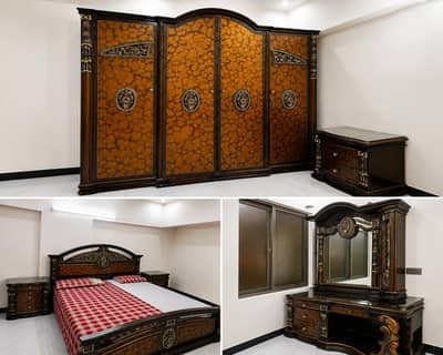 Luxury Solid Wood Bedroom Set – Bed, Dressing Table & Wardrobe