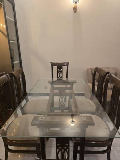 6-Seater Glass Top Dining Table with Wooden Chairs