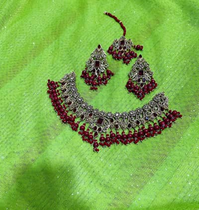 Bridal Necklace Set With Earrings & Tikka - Maroon Color - Unused