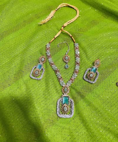 Ferozi Party Wear Mala Set With Earrings & Tikka - Zircon Stone