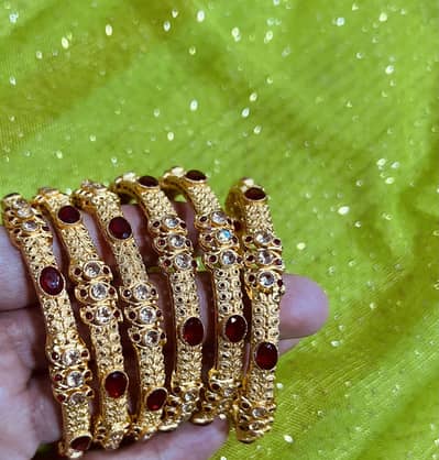Bridal Golden Kangan Set 6 Pcs - Maroon Stones - New Design