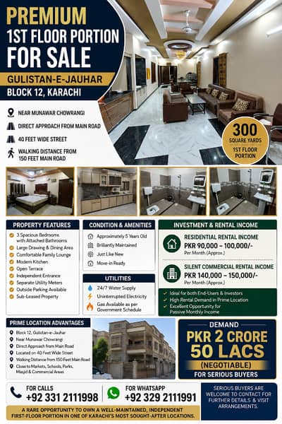 300 Sq Yds 1st Floor Portion for Sale | 3 Bed DD Lounge Terrace | Block 12 Gulistan-e-Jauhar Karachi Near Main Road Munawar Chowrangi