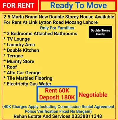 2.5 Marla Brand New Double Storey House For Rent At Link Lytton Road