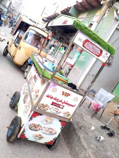 fruit chaat, burger, rolls, shawarma, street food stall