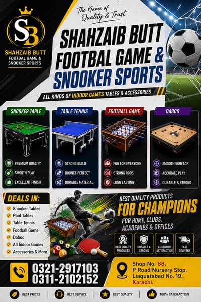 Snooker Table / Pool /Snooker Club Table /Football Game/Foosball/Pati