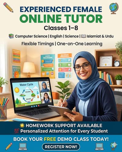Experienced female online tutor available for Classes 1–8.