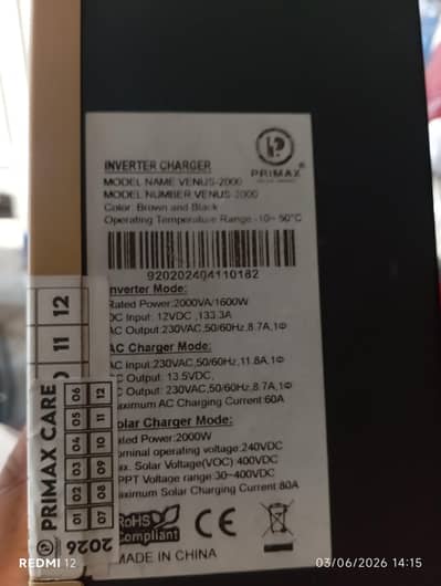 1.6 KW PV 2000 12 volt battery 10 month used 4year warnty company