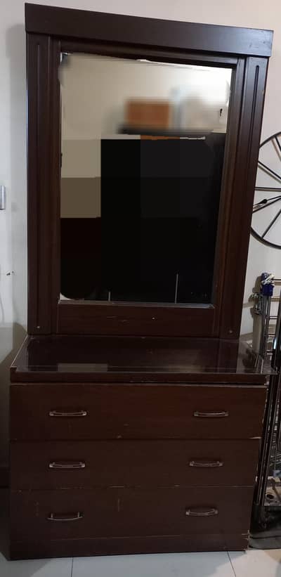 BROWN DRESSING TABLE/DRESSER WITH 3 DRAWERS AND GLASS TOP FOR SALE
