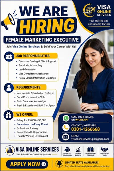 Marketing Executive customer support Staff Required ( Female)