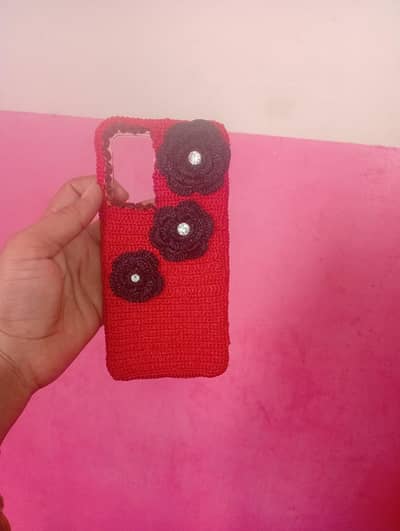 HANDMADE CROCHET MOBILE COVER Red and Black with white stone COD av