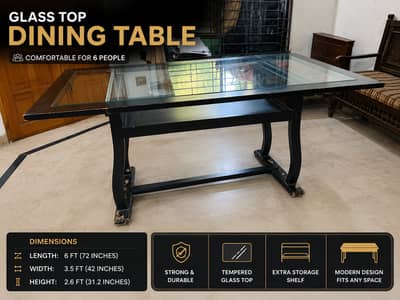 Modern Glass Top Dining Table for Sale – 6 Seater | Excellent Conditio