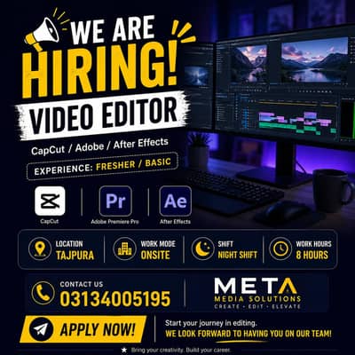 Hiring Capcut Editor Full time Night job Remote and on-site