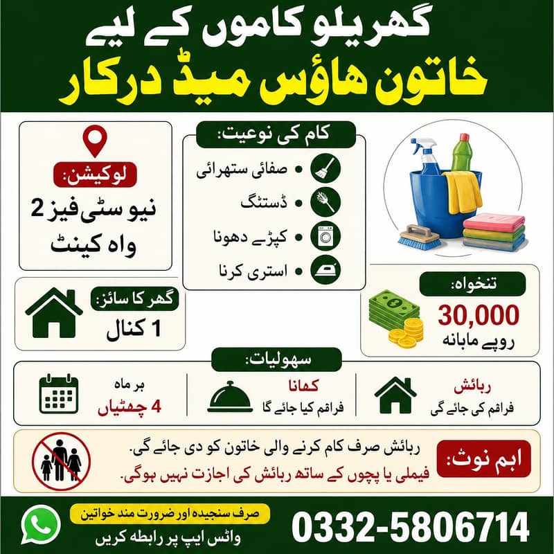 گھریلو کام کاج کے لیے فی میل ہاؤس میڈ کی ضرورت ہے 0