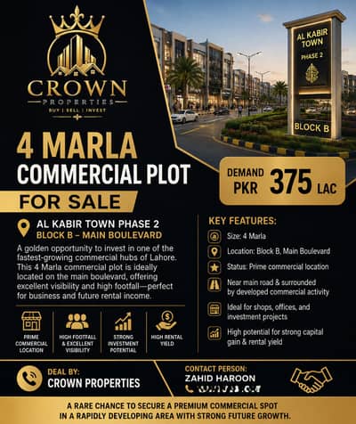 4 Marla Commercial Plot for Sale Prime Location Al Kabir Town Phase 2 Block B (Main Boulevard)