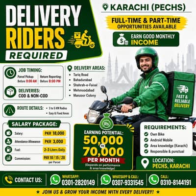 We are hiring Delivery Riders in Karachi (PECHS) for Full-Time & Part-