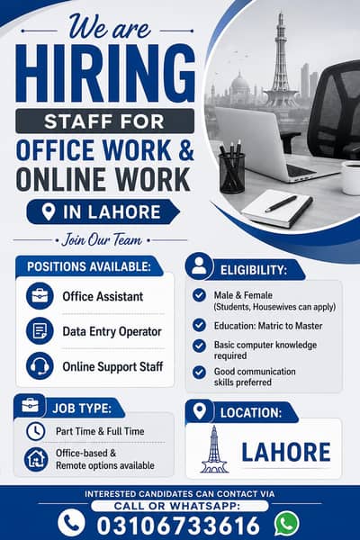 Office & Online Work Jobs Available – Male/Female (Lahore)