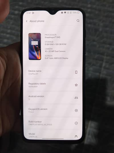 one plus 6T 8/128 dual sim pta approved all ok just back break