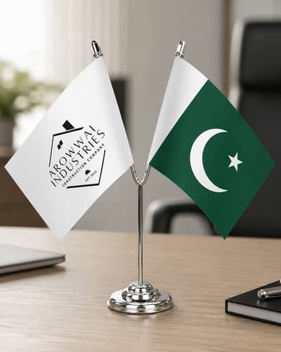 Custom Double Desk Flag Stand – Company Logo & Pakistan Flag