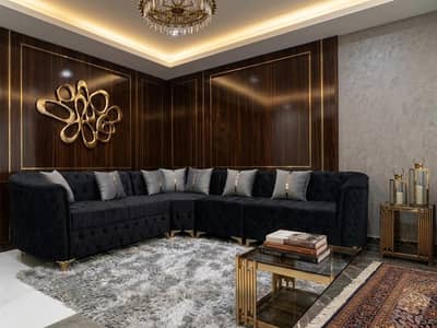 Luxury Black Velvet Chesterfield L-Shape Sofa Set with Gold Legs.