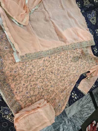 Elegant Peach Chiffon Maxi 3 Piece – Heavy Embroidery – One Time Used